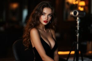 Modèle de webcam glamour posant avec assurance dans une pièce élégante et faiblement éclairée, avec un équipement professionnel, soulignant le caractère premium et exclusif de la plateforme.