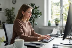 Femme travaillant sur ordinateur à domicile